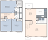 Three bedroom, two bath two-dimensional townhome floor plan.